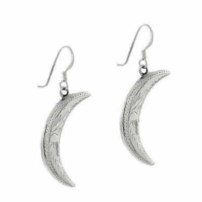 Sterling Silver Etched Design Crescent Moon Earrings