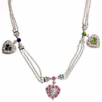 Sterling Silver Multi Color Blue, Pink, Green Cubic Zirconia ,and Simulated Diamond CZ Bow and Heart Necklace