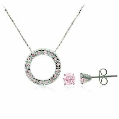 Sterling Silver Pink CZ Eternity Pendant & Stud Earrings Set