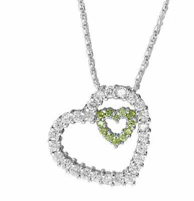 Sterling Silver Olive & Clear CZ Floating Heart within a Heart Pendant