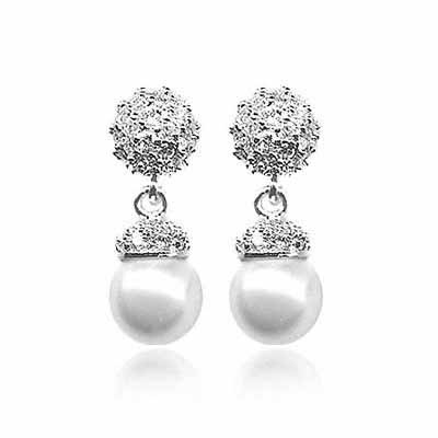 Sterling Silver Simulated White Pearl & CZ Dangle Earrings