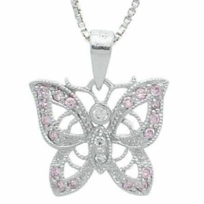 Sterling Silver Pink & Clear CZ Filigree Butterfly Pendant