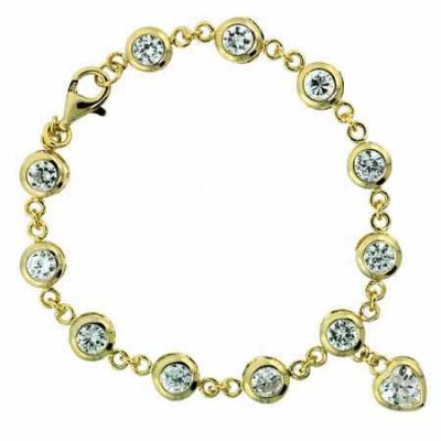 18K Gold over Sterling Silver CZ Chain Link Bracelet w/ Dangling Heart
