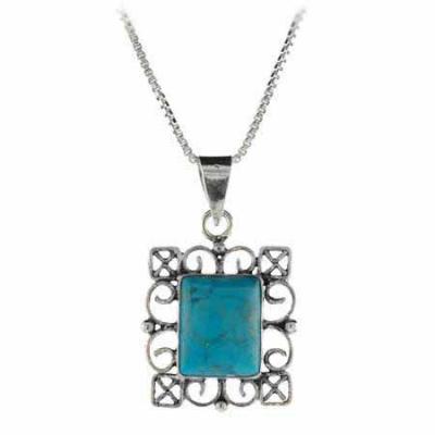 Reconstituted Blue Turquoise Stone Sterling Silver Filigree Rectangle Pendant