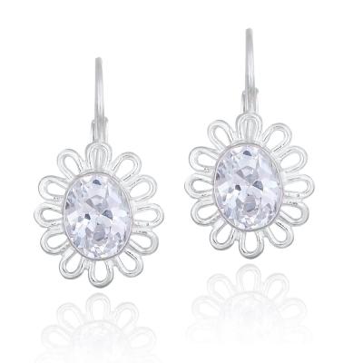Sterling Silver Oval Prong Set Simulated Diamond cz Flower LeverBack Lever Back Earrings