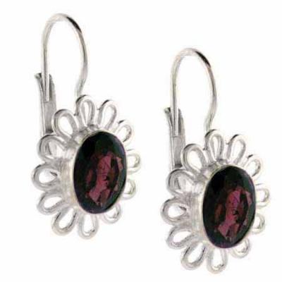 Sterling Silver Garnet & Flower Leverback Earrings