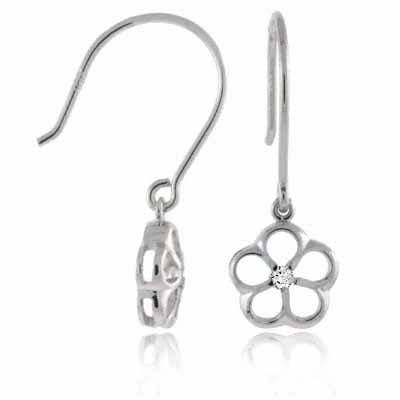 Sterling Silver CZ Flower Dangle Earrings