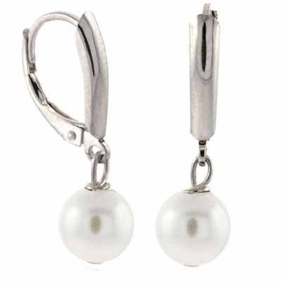 Sterling Silver Simulated White Pearl Lever-Back Earrings
