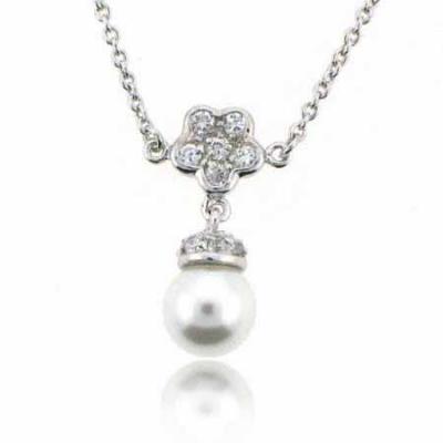 Sterling Silver Designer Simulated Diamond CZ  Flower and simulated Pearl Drop Necklace