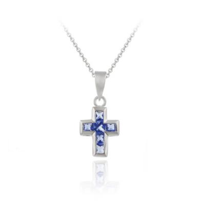 Sterling Silver Simulated Tanzanite CZ Cross Pendant NR