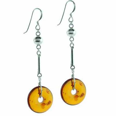 Sterling Silver Amber Stone Bar & Bead Dangle Earrings