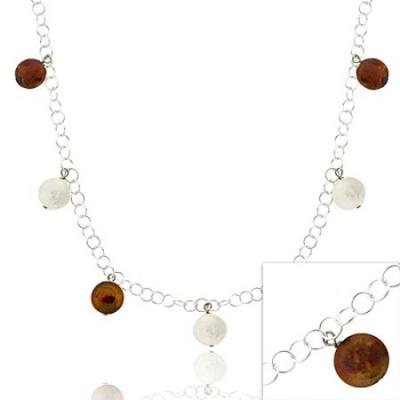 Sterling Silver .925 Iridescent Round White & Brown Genuine Freshwater Cultured Coin Pearl Rolo Link Chain Dangle Graduated Necklace