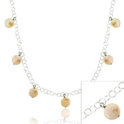Sterling Silver .925 Iridescent Round Pink Genuine Freshwater Cultured Coin Pearl Rolo Link Chain Dangle Graduated Necklace