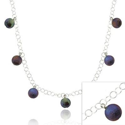 Sterling Silver .925 Iridescent Round Black Genuine Freshwater Cultured Coin Pearl Rolo Link Chain Dangle Graduated Necklace