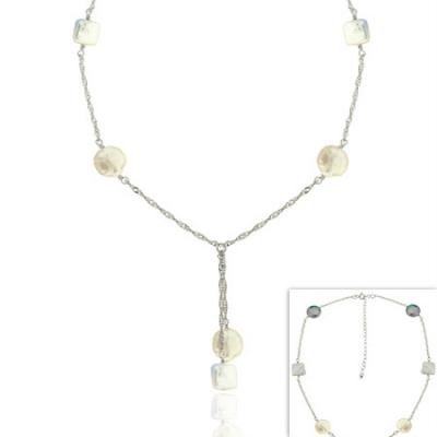 Sterling Silver .925 Iridescent Genuine Pink, Gray, & White Square & Round Freshwater Cultured Coin Pearl Dangle Graduated Twist D-cut Chain Lariat Necklace 16-19'