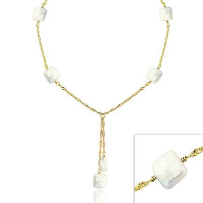 18K Gold over Sterling Silver White Freshwater Cultured Square Coin Pearl Lariat Necklace