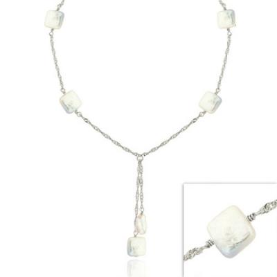 Sterling Silver .925 Iridescent Genuine Freshwater Cultured Square White Coin Pearl Twist D-cut Lariat Necklace
