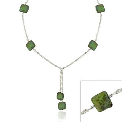 Sterling Silver .925 Iridescent Genuine Freshwater Cultured Square Green Coin Pearl Twist D-cut Lariat Necklace