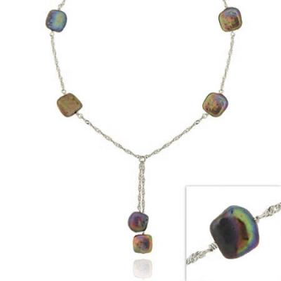 Sterling Silver .925 Iridescent Genuine Freshwater Cultured Square White Coin Pearl Twist D-cut Lariat Necklace