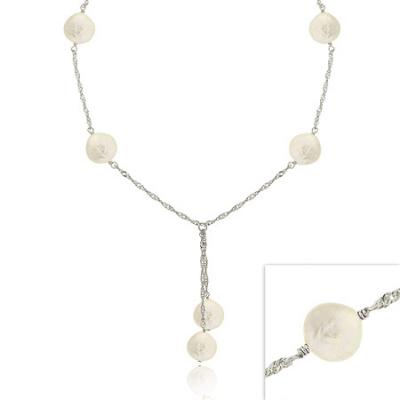 Sterling Silver Iridescent Genuine Freshwater Cultured Round Wihte Coin Pearl Twist D-cut Lariat Necklace