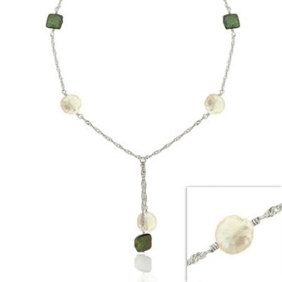 Sterling Silver .925 Iridescent Genuine White Round & Square Green Freshwater Cultured Coin Pearl Dangle Graduated Twist D-cut Chain Lariat Necklace 16-19'