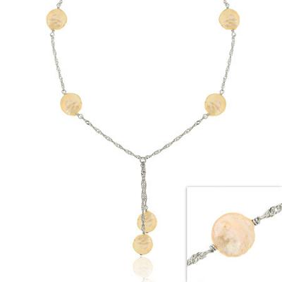 Sterling Silver Iridescent Genuine Freshwater Cultured Round Pink Coin Pearl Twist D-cut Lariat Necklace