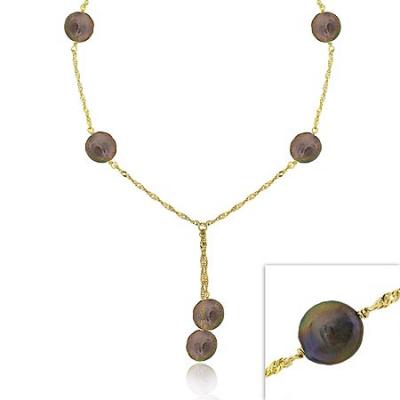 18K Gold over Sterling Silver Freshwater Cultured Peacock Coin Pearl Lariat Necklace