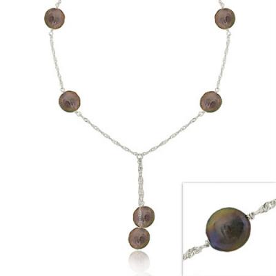 Sterling Silver Iridescent Genuine Freshwater Cultured Round Green Coin Pearl Twist D-cut Lariat Necklace