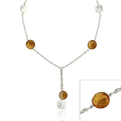 Sterling Silver White & Champagne Cultured Coin Pearl Lariat Necklace