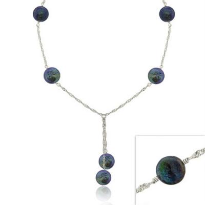 Sterling Silver Iridescent Genuine Freshwater Cultured Round Black Coin Pearl Twist D-cut Lariat Necklace