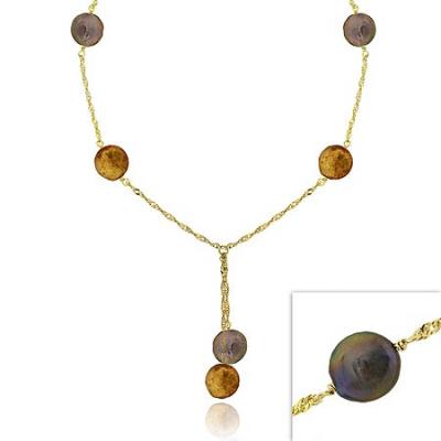 18K Gold over Sterling Silver Freshwater Cultured Peacock & Champagne Coin Pearl Lariat Necklace