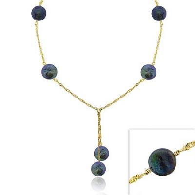 18K Gold Over Sterling Silver Iridescent Genuine Black Round Freshwater Cultured Coin Pearl Dangle Twist Necklace 16-19'