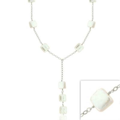 Sterling Silver Iridescent Genuine Freshwater Cultured Square White Coin Pearl Leaf Link Necklace 16-19'