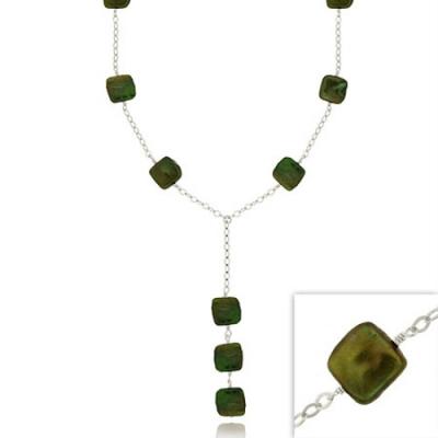 Sterling Silver Iridescent Genuine Freshwater Cultured Square Green Coin Pearl Leaf Link Necklace 16-19'