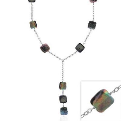 Sterling Silver Iridescent Genuine Freshwater Cultured Square Black Coin Pearl Leaf Link Necklace 16-19'