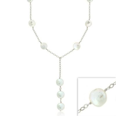 Sterling Silver .925 Iridescent Genuine Freshwater Cultured Round White Coin Pearl Leaf Link Necklace
