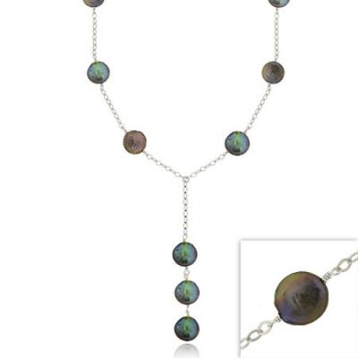 Sterling Silver .925 Iridescent Genuine Freshwater Cultured Round Green Coin Pearl Leaf Link Necklace