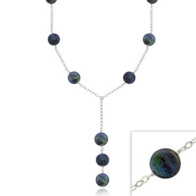 Sterling Silver .925 Iridescent Genuine Freshwater Cultured Round Black Coin Pearl Leaf Link Necklace