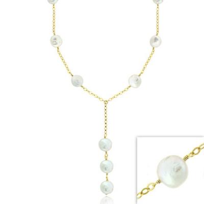18K Gold over Sterling Silver Freshwater Cultured White Coin Pearl Y Necklace