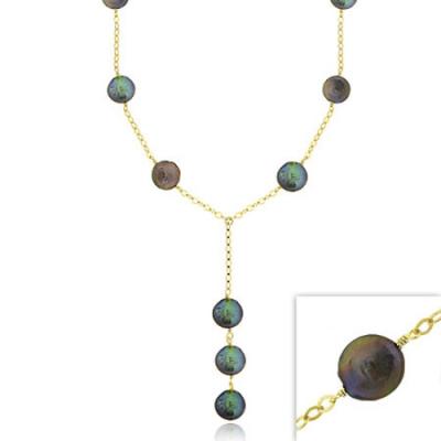18K Gold over Sterling Silver Freshwater Cultured Peacock Coin Pearl Y Necklace