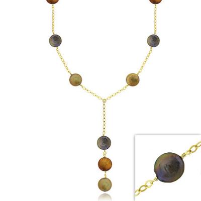 18K Gold over Sterling Silver Freshwater Cultured Multi-Colored Coin Pearl Y Necklace