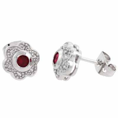 Sterling Silver Red & White CZ Flower Stud Earrings