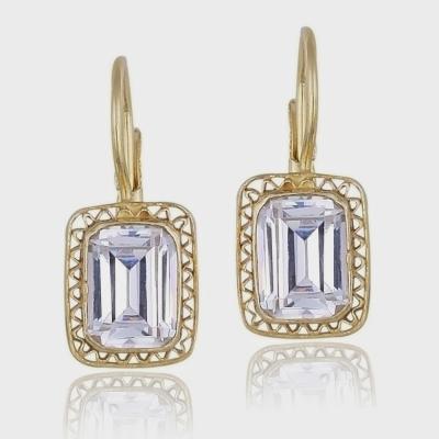 18K Gold over Sterling Silver CZ Filigree Rectangle Leverback Earrings