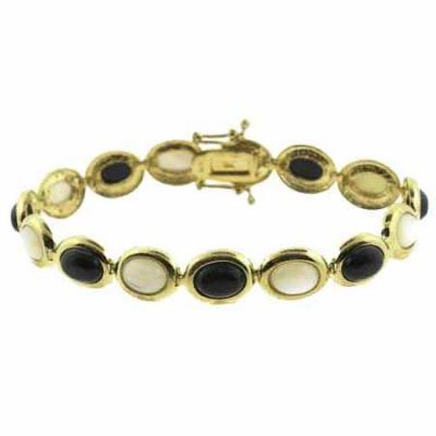 18K Gold over Sterling Silver Mother of Pearl & Onyx Oval Link Bracelet
