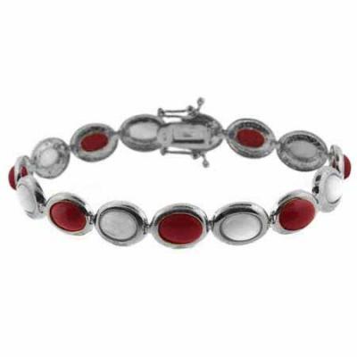 Sterling Silver Mother of Pearl & Created Red Coral Oval Link Bracelet