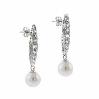 Sterling Silver CZ & Simulated White Pearl Dangle Earrings