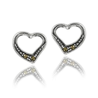 Sterling Silver Marcasite Open Heart Stud Earrings