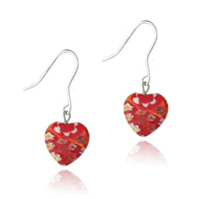 Sterling Silver Murano Glass Red Oval Flower Millefiori Heart Earrings Valentines Day