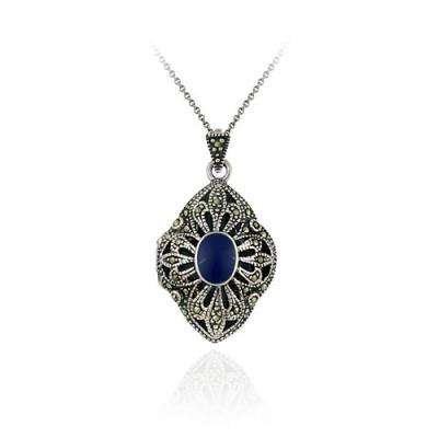 Sterling Silver Marcasite & Lapis Diamond Shaped Locket