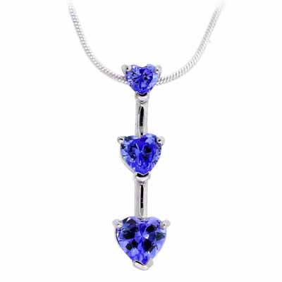 Sterling Silver Tanzanite CZ Three Heart Drop Pendant